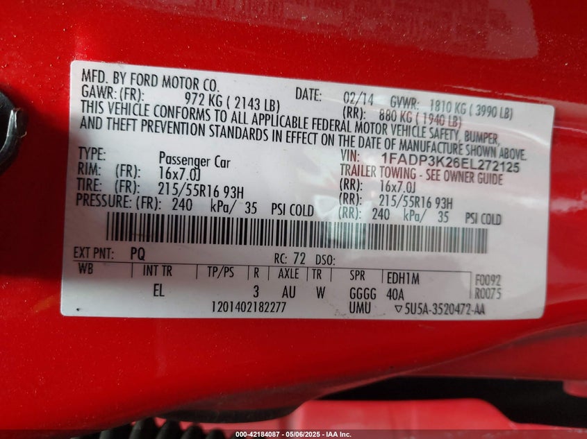 2014 FORD FOCUS VIN: 1FADP3K26EL272125