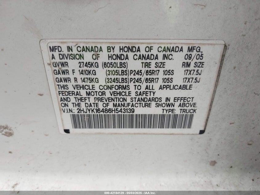 2006 HONDA RIDGELINE VIN: 2HJYK16486H543139
