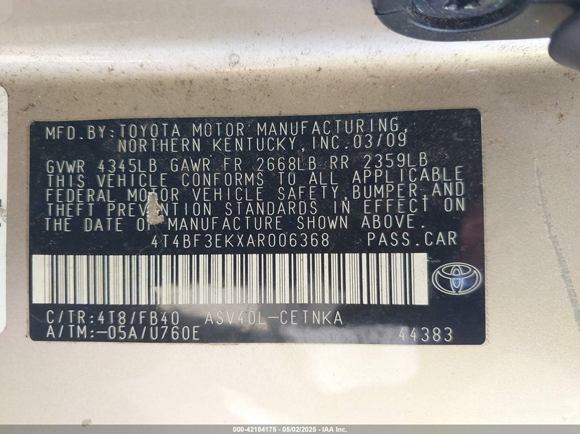 2010 TOYOTA CAMRY VIN: 4T4BF3EKXAR006368