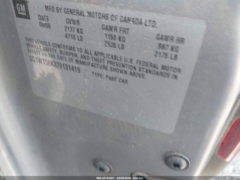 2007 Chevrolet Impala Lt VIN: 2G1WT58K379131419 Lot: 42184201