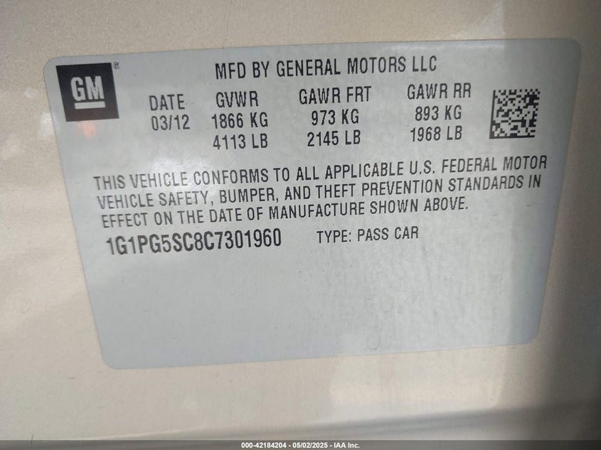2012 CHEVROLET CRUZE VIN: 1G1PG5SC8C7301960