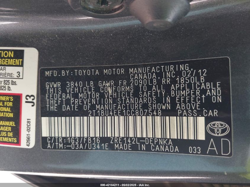 2012 Toyota Corolla Le VIN: 2T1BU4EE1CC807548 Lot: 42184211