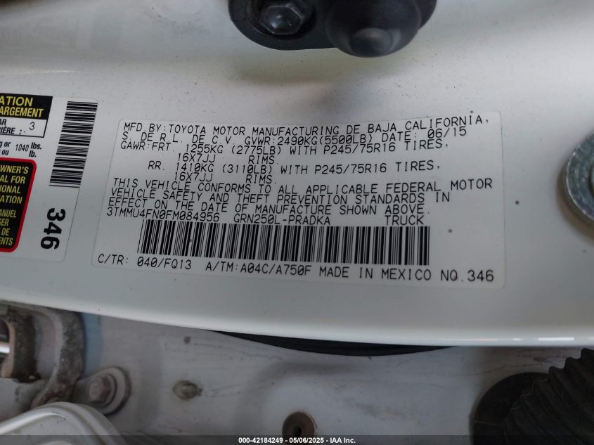 2015 Toyota Tacoma Base V6 VIN: 3TMMU4FN0FM084956 Lot: 42184249