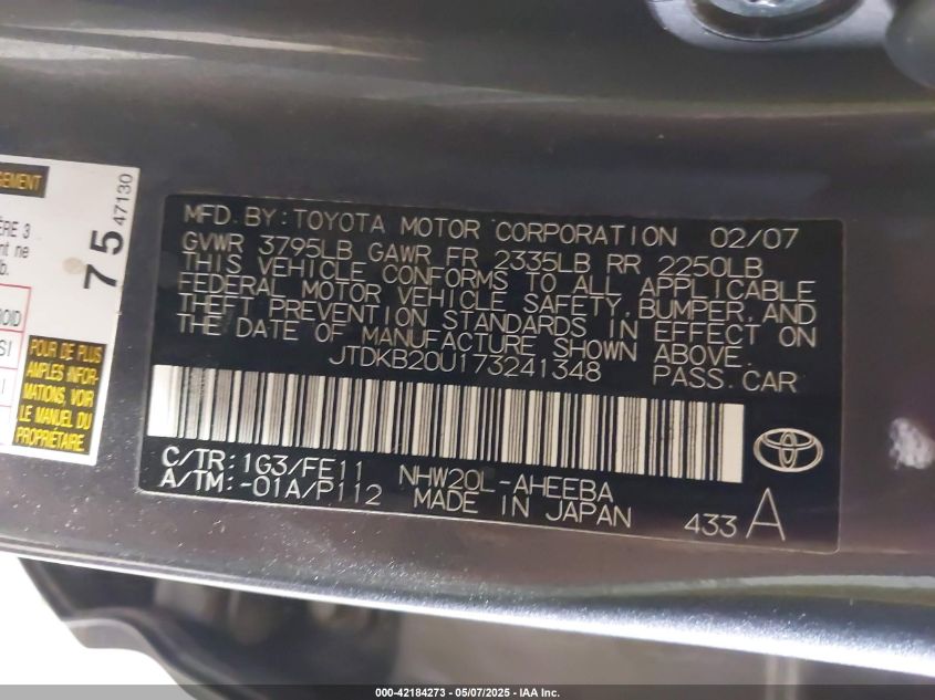 2007 Toyota Prius VIN: JTDKB20U173241348 Lot: 42184273