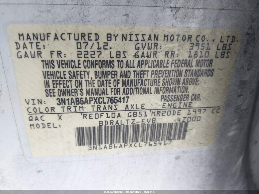 2012 NISSAN SENTRA VIN: 3N1AB6APXCL765417