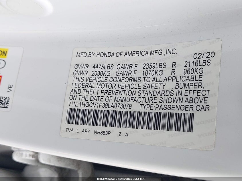 2020 HONDA ACCORD VIN: 1HGCV1F39LA073079