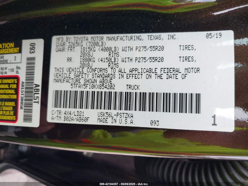 2019 Toyota Tundra - 5TFAY5F10KX854202