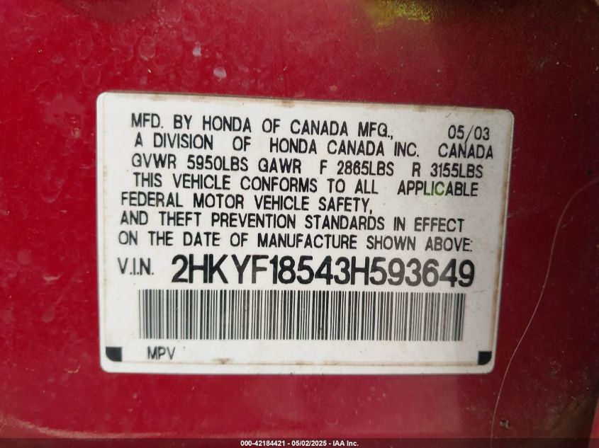 2003 Honda Pilot Ex-L VIN: 2HKYF18543H593649 Lot: 42184421