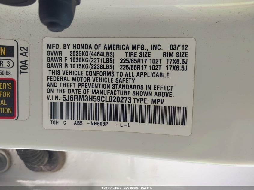 2012 HONDA CR-V VIN: 5J6RM3H59CL020273