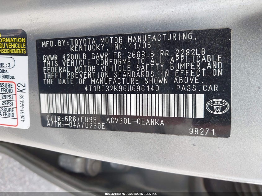 2006 TOYOTA CAMRY VIN: 4T1BE32K96U696140