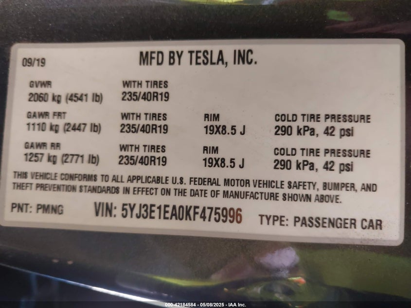 2019 TESLA MODEL 3 VIN: 5YJ3E1EA0KF475996