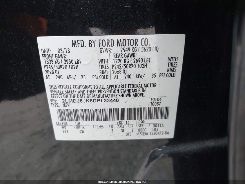2013 LINCOLN MKX VIN: 2LMDJ8JK6DBL33448