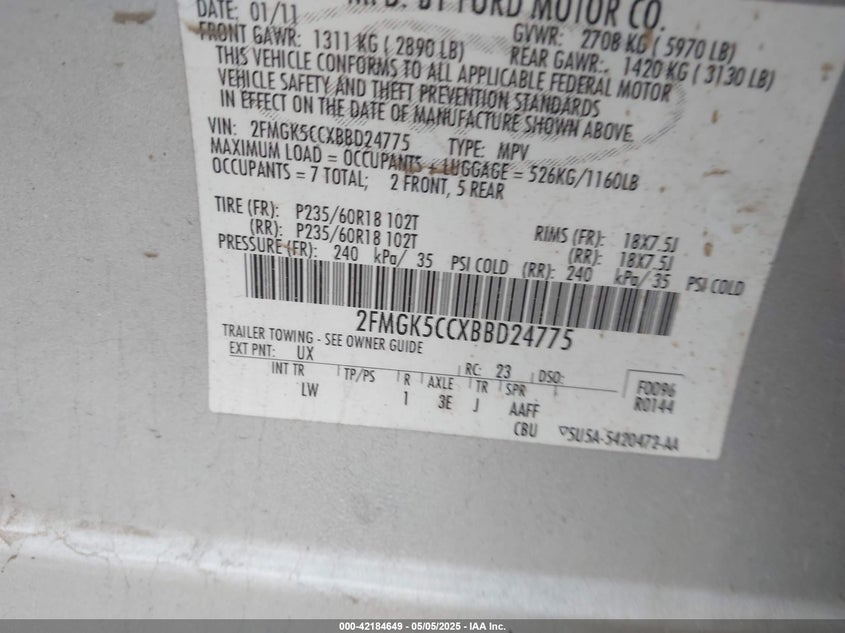 2011 FORD FLEX VIN: 2FMGK5CCXBBD24775