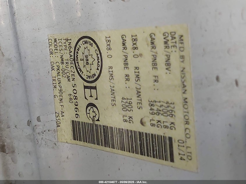 2014 NISSAN TITAN PRO-4X/S/SL/SV - 1N6AA0EC2EN508966