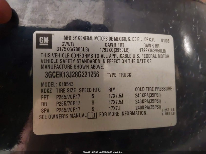 2008 CHEVROLET SILVERADO 1500 VIN: 3GCEK13J28G231256