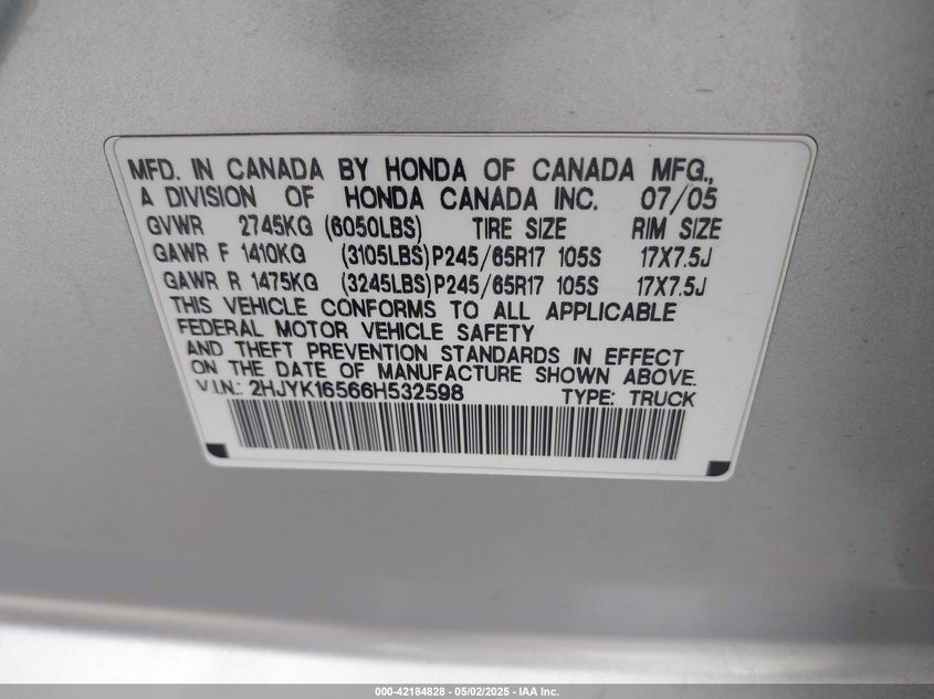 2006 HONDA RIDGELINE VIN: 2HJYK16566H532598