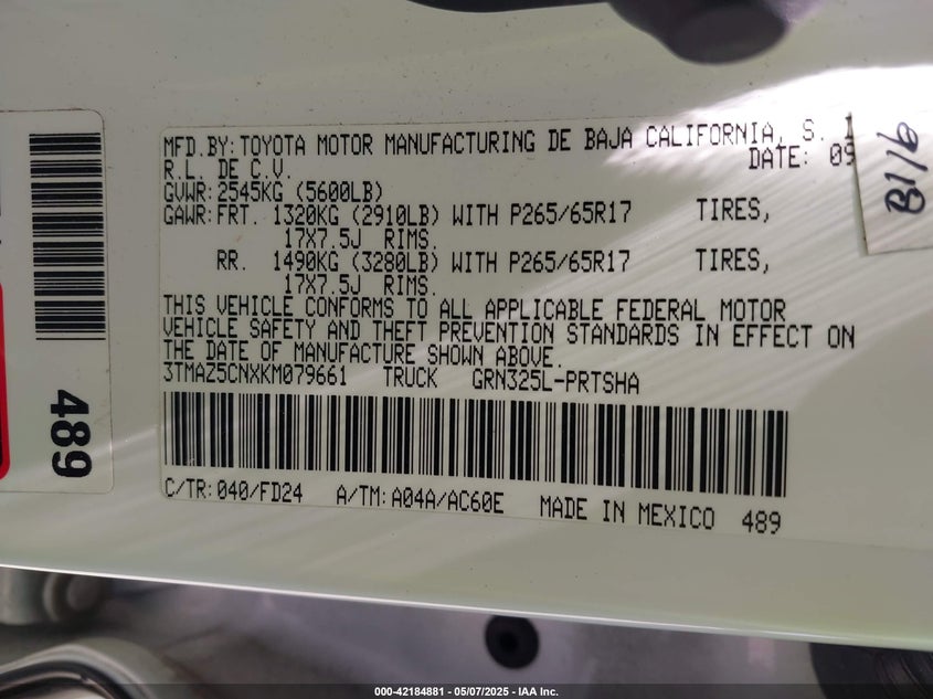 2019 TOYOTA TACOMA VIN: 3TMAZ5CNXKM079661