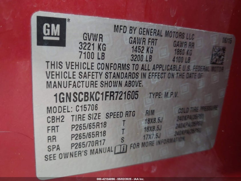 2015 CHEVROLET TAHOE LT - 1GNSCBKC1FR721605