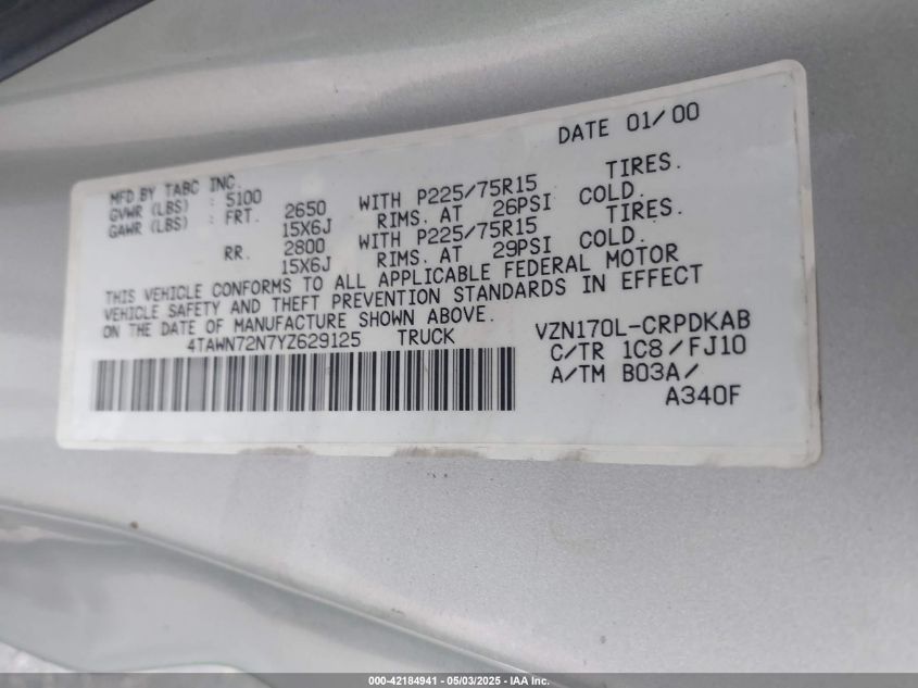 2000 Toyota Tacoma Base V6 VIN: 4TAWN72N7YZ629125 Lot: 42184941