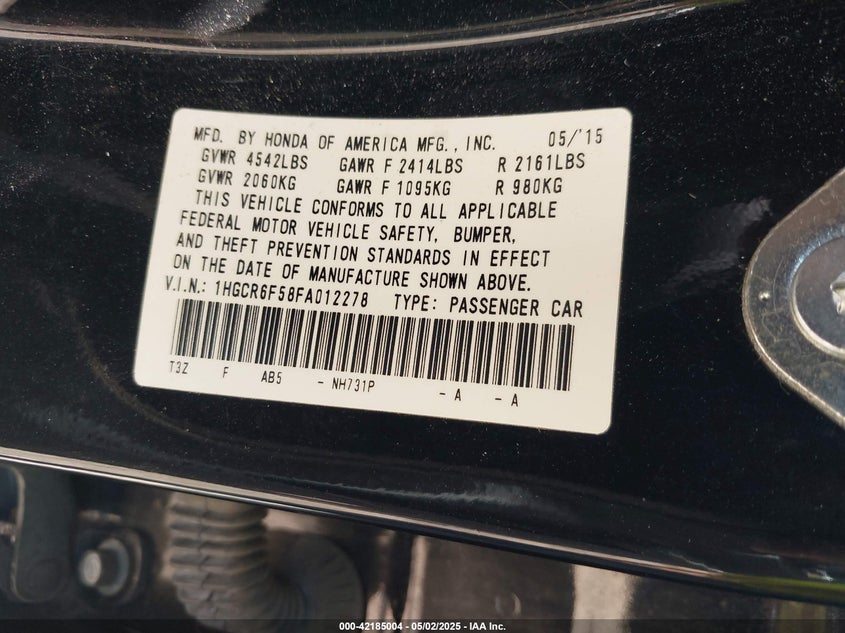 2015 HONDA ACCORD HYBRID VIN: 1HGCR6F58FA012278