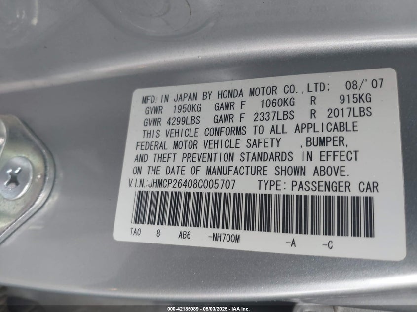 2008 HONDA ACCORD VIN: JHMCP26408C005707