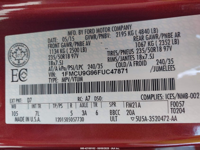 2015 Ford Escape Se VIN: 1FMCU9G96FUC47871 Lot: 42185102