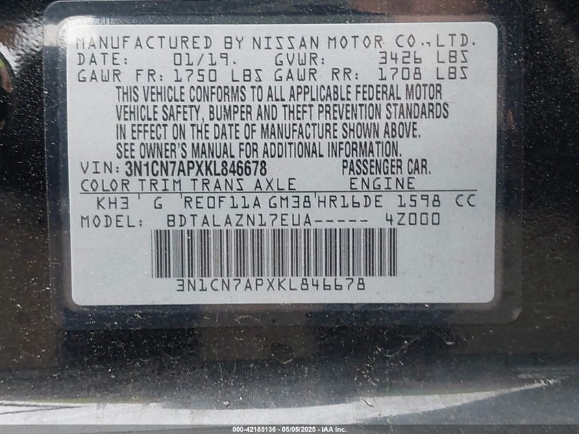 2019 NISSAN VERSA VIN: 3N1CN7APXKL846678