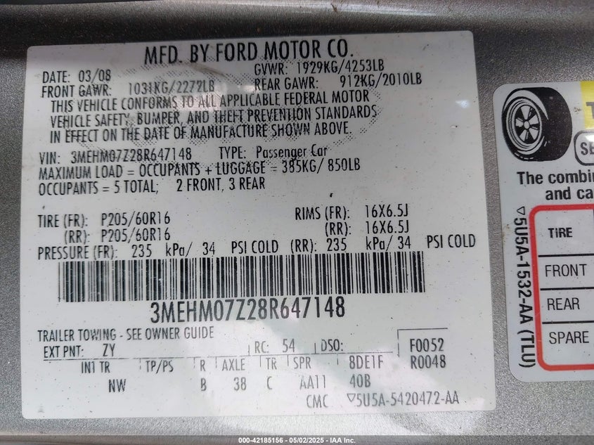 2008 MERCURY MILAN VIN: 3MEHM07Z28R647148