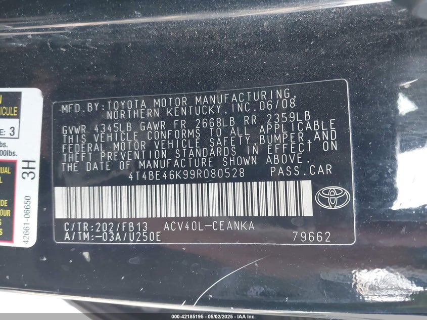 2009 TOYOTA CAMRY VIN: 4T4BE46K99R080528