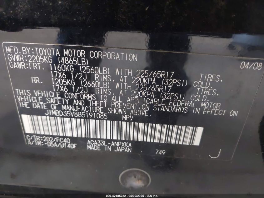 2008 Toyota Rav4 VIN: JTMBD35V885191085 Lot: 42185222