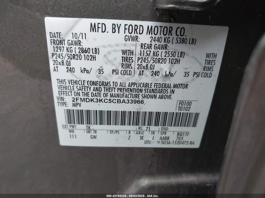 2012 FORD EDGE VIN: 2FMDK3KC5CBA33966