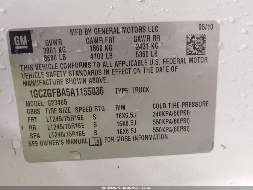 2010 Chevrolet Express 2500 Work Van VIN: 1GCZGFBA5A1155036 Lot: 42185276