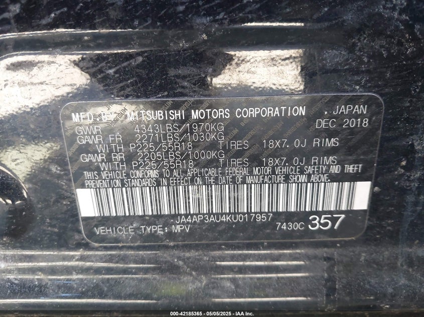 2019 MITSUBISHI OUTLANDER SPORT VIN: JA4AP3AU4KU017957