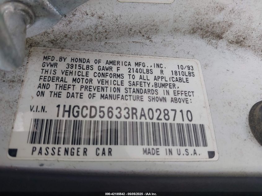 1994 Honda Accord Lx/Ex VIN: 1HGCD5633RA028710 Lot: 42185542