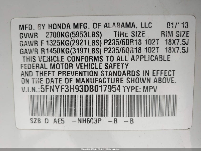 2013 HONDA PILOT VIN: 5FNYF3H93DB017954