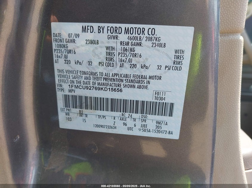 2009 FORD ESCAPE VIN: 1FMCU92769KD15656