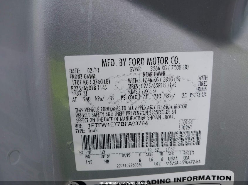 2011 FORD F-150 VIN: 1FTFW1ET7BFA93794