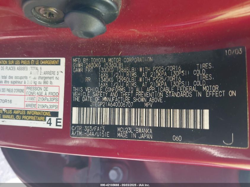 2004 Toyota Highlander V6 VIN: JTEGP21A640006707 Lot: 42185666