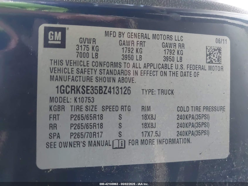 2011 CHEVROLET SILVERADO 1500 VIN: 1GCRKSE35BZ413126