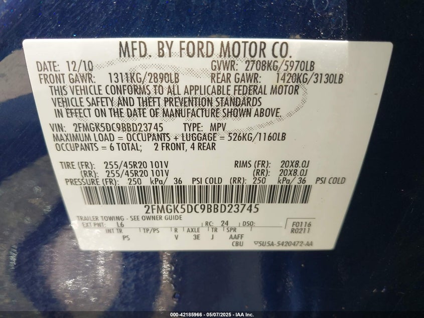 2011 FORD FLEX VIN: 2FMGK5DC9BBD23745