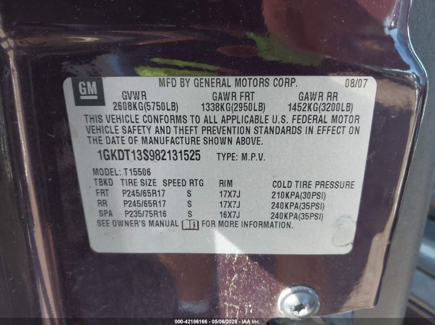 2008 GMC Envoy Sle VIN: 1GKDT13S982131525 Lot: 42186166