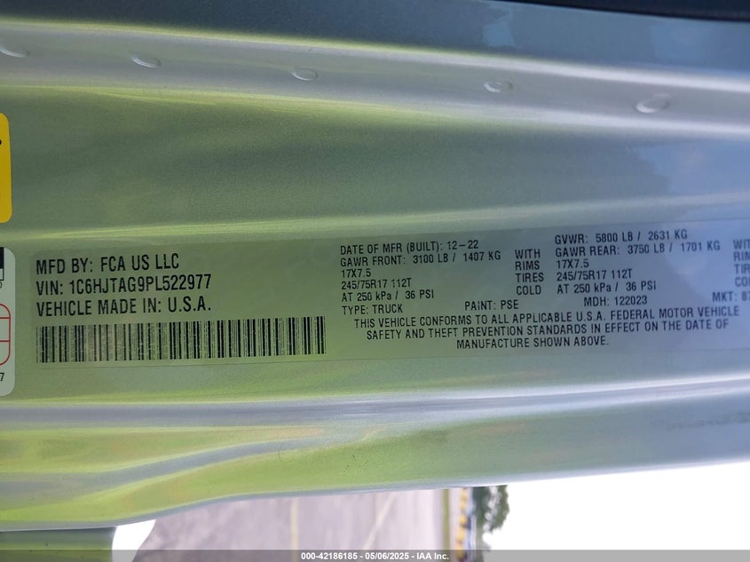 2023 JEEP GLADIATOR VIN: 1C6HJTAG9PL522977