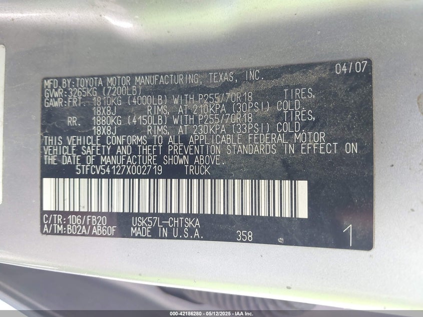 2007 TOYOTA TUNDRA VIN: 5TFCV54127X002719