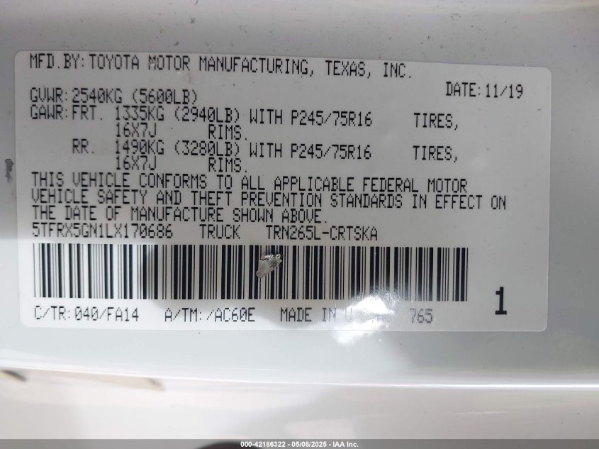 2020 Toyota Tacoma Sr VIN: 5TFRX5GN1LX170686 Lot: 42186322