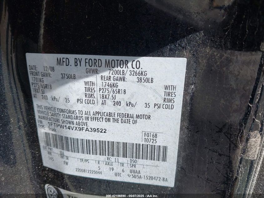 2009 Ford F-150 Fx4/King Ranch/Lariat/Platinum/Xl/Xlt VIN: 1FTPW14VX9FA39522 Lot: 43820849