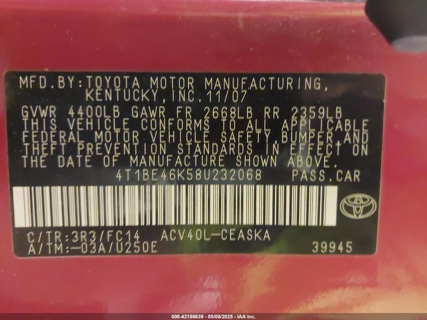 2008 TOYOTA CAMRY VIN: 4T1BE46K58U232068