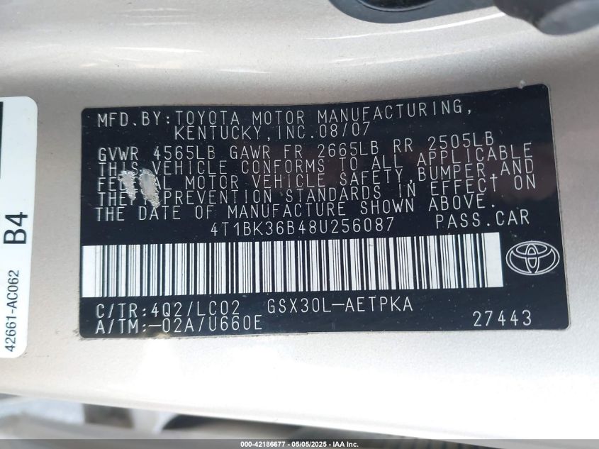 2008 Toyota Avalon Limited VIN: 4T1BK36B48U256087 Lot: 42186677