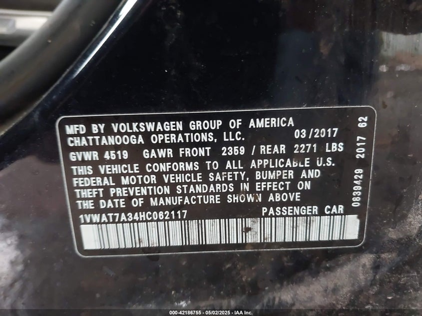 VIN 1VWAT7A34HC062117 2017 VOLKSWAGEN PASSAT 1.8T S