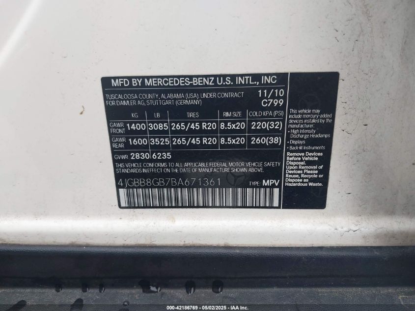 2011 Mercedes-Benz Ml 350 4Matic VIN: 4JGBB8GB7BA671361 Lot: 42186769