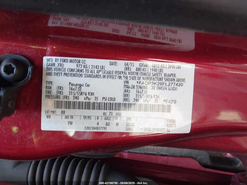 2015 FORD FOCUS VIN: 1FADP3K29FL277420